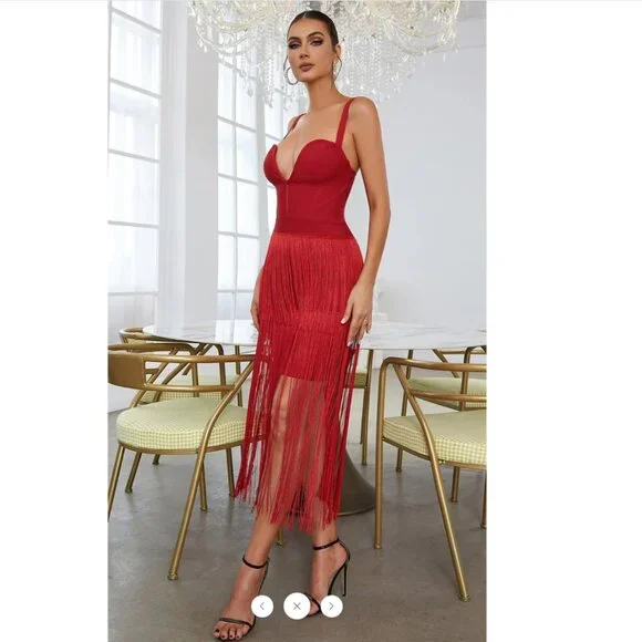 STYLE OF CB Red Midi Bodycon Dress w/ Maxi Length Tiered Fringe, Size XS - Picture 4 of 14